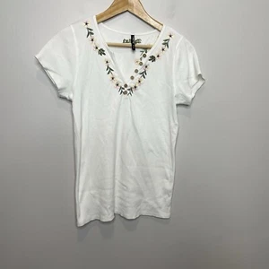 Alp N Rock Amelie Embroidered White Floral Short Sleeve Ribbed Henley Size L - Picture 1 of 10