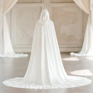 Wedding Floor Length Cape Hooded Bridal Cloak Satin Lace Edge Long Wrap Up Coat - Picture 1 of 6
