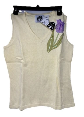 NEW Storybook Knits White Sleeveless lavender beaded tulip Sweater Tank Top M - Image 1 of 4