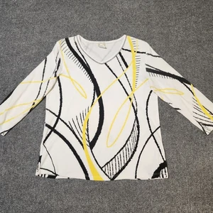 Jess And Jane Shirt Womens Large White Black Yellow Artsy VNeck Tee - Picture 1 of 14