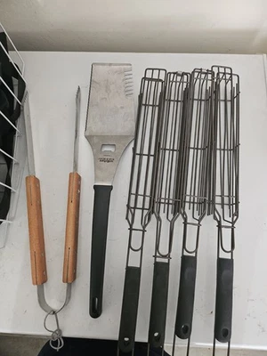 Grilling Tools, Set Of Tongs, Spatula And Veggies Basket/seafood Gently Used - Image 1 of 4