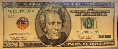 U.S., 1996, $20.00 Currency Note, Color Change Red Seal, circulated - Image 1 of 4