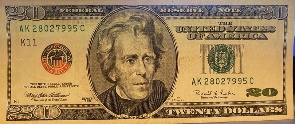 U.S., 1996, $20.00 Currency Note, Color Change Red Seal, circulated - Image 1 of 4