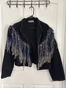 Wanted By Beads Beautiful Vintage Fringe Black Denim Jacket size Large Fringe L - Picture 1 of 7