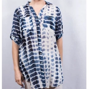 Dolma Navy Blue and White Shibori Tie Dye Cotton Tunic Shirt Coverup M - Picture 1 of 9