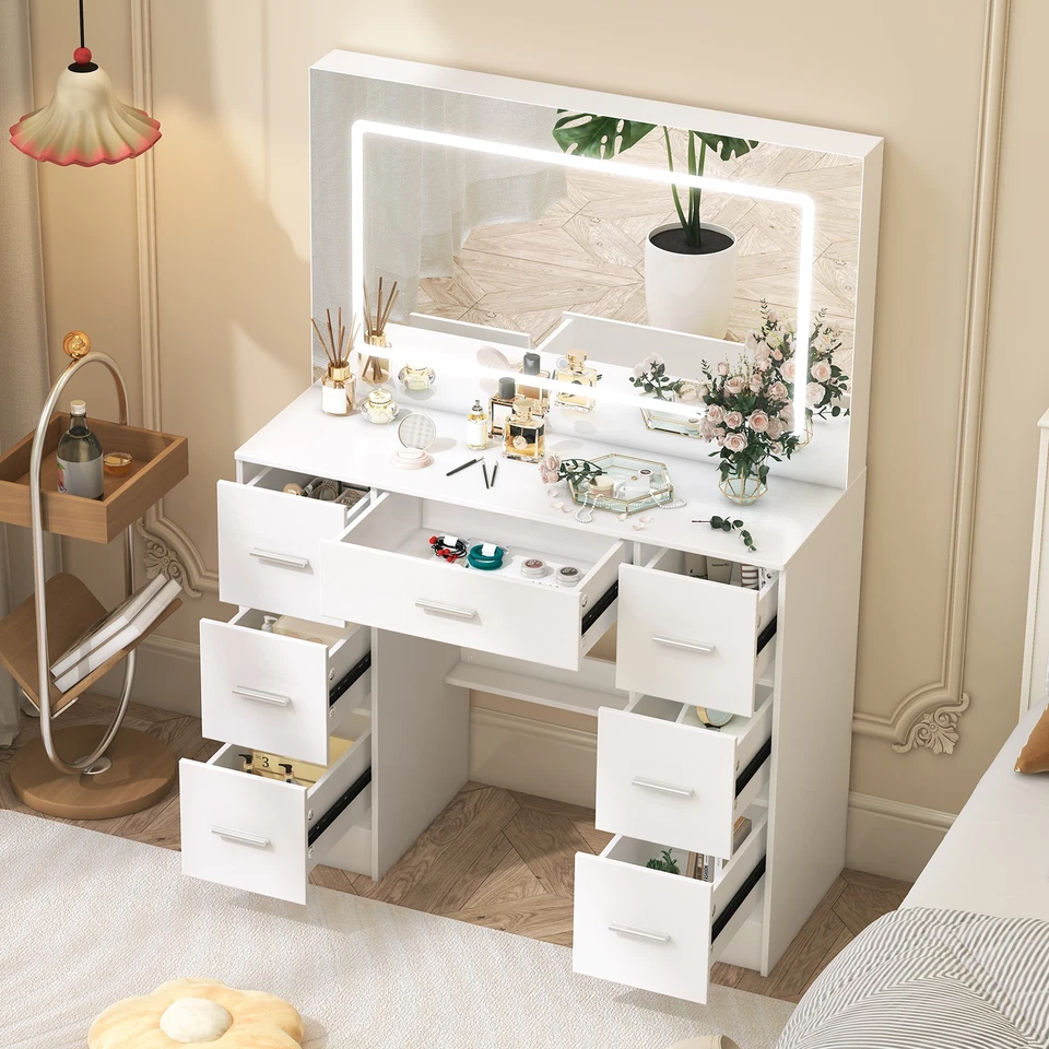 Tocador tocador tocador blanco con 7 cajones y espejo grande iluminado LED Foto 1 de 4