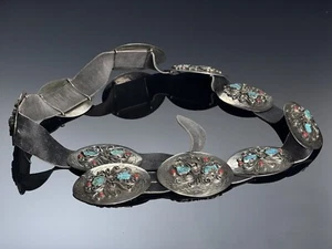 Cinturón Medallón Nativo Americano Níquel, Turquesa, Coral Concho - Imagen 1 de 6