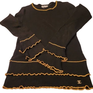 AUTH VINTAGE CHANEL BLACK RUFFLE COTTON GOLD TRIM CC LOGO TOP SWEATER 38 - Picture 1 of 11