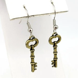 Artisan Key Charm Drop Dangle Earrings Silver & Brass Tones 1 3/4" Handmade New - Picture 1 of 3