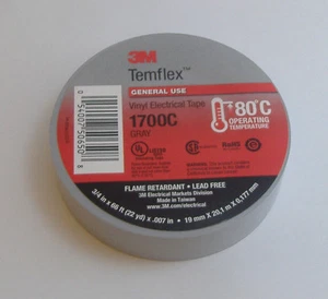 PREMIUM GRADE 3M TEMFLEX GRAY SILVER VINYL ELECTRICAL TAPE 3/4" X 66' - Picture 1 of 4