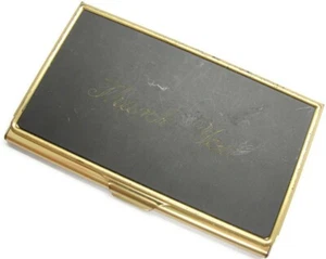 Vintage Thank You Business Card Holder Black Gold Tone - Picture 1 of 12