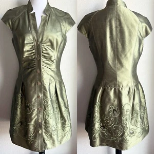 Kay Unger Green Silk Taffeta Embroidered Ruched Button Front Dress Cocktail 8 - Picture 1 of 6