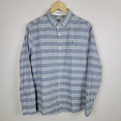 Penguin By Munsinwear ajuste clássico masculino médio listrado azul claro botão para cima linho - Imagem 1 de 4