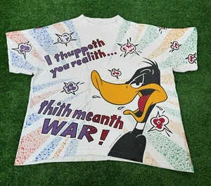 VTG 1993 Warner Bros LOONEY TUNES Daffy Duck AOP T-Shirt Thith Meanth War 90s - Picture 1 of 12