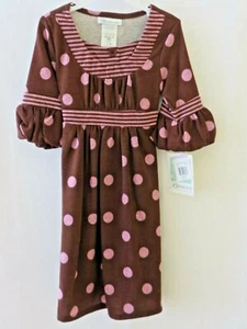 Bonnie Jean Dress Scoop Neck 3/4 Slv Back Tie Pink & Brn Dots Stripes 4 #10044 - Picture 1 of 4