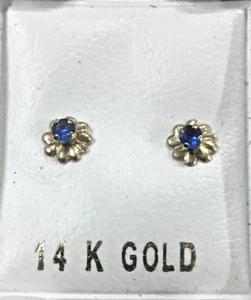 New 14k Gold Flower Lab Created Birthstone September Baby Ball Stud Earrings - Picture 1 of 1
