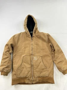 Carhartt Jacket Youth XL 18-20 Brown Canvas Flannel Quilt Lined Hooded Zip - Picture 1 of 10