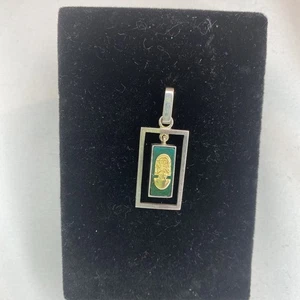 Vintage Miexikaner Sterlingsilber grüne Emaille Azteken Gesicht Anhänger rechteckig 925 - Bild 1 von 3