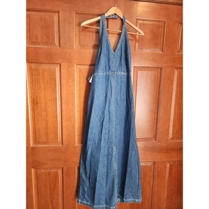 Vintage 90s GAP Denim Neckholder Midi Dress Size 12 Blue - Bild 1 von 6