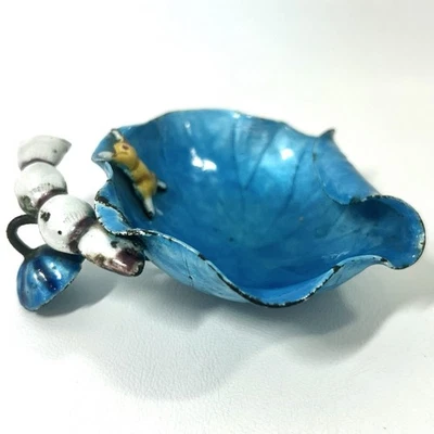 Vtg Chinese Blue Enamel & Copper Lotus Leaf Pod Blossom Dish w Frog OOAK "Read" - Image 1 of 4