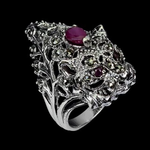 Summer 925 Sterling Silver Ring Oval Ruby 5x4mm Marcasite Tiger Gemstone Jewelry - Picture 1 of 13
