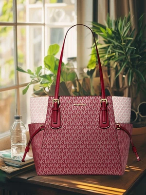 Michael Kors Voyager Large Metallic Color-Block MK Logo Tote Shoulder Bag Cherry - Image 1 of 4