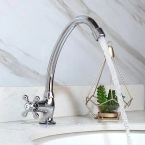 Grifo fregadero de lavabo giratorio en frío plata mango cruzado individual grifo de montaje en cubierta - Imagen 1 de 11