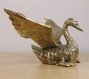 Vtg Brass Duck Goose in Flight Landing Wings Spread Figurine Paperweight Ornate - Picture 1 of 9