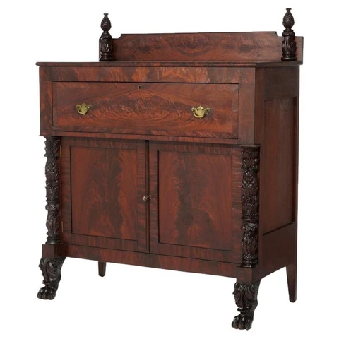 American Empire Neoclassical Carved Flame Mahogany Linen Press Sideboard c1840 Cover
