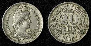 BRAZIL Copper-Nickel 1921 20 Reis Liberty KM# 516.2 (27 660) - Picture 1 of 3