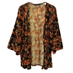 90s Burnout Velvet Duster Women 2X Kimono Topper Boho Whimsigoth Festival Floral - Bild 1 von 11