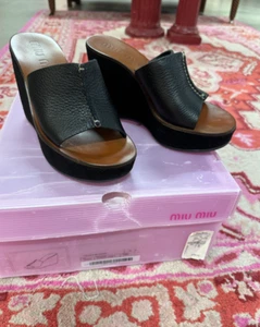 Miu Miu Black Wedge Sandals Leather/ Suede size 7  37 Y2K Style - Picture 1 of 4