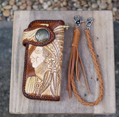 Indian Chief Carved Wallet Handmade Cowboy Wallet Mens Bifold Wallet Gift X110 - Image 1 of 4