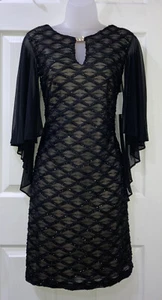 CONNECTED APPAREL Black & Nude Lace Shimmer Cape Sleeves Midi Dress Size UK 6 - Picture 1 of 12