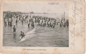 Coney Island NY Bathing Scene 1907 Many People in Vintage Swim Wear - Picture 1 of 2