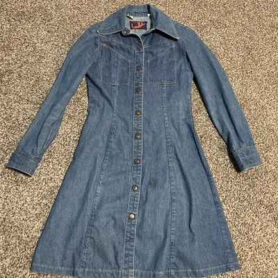 70s Vintage Landlubber Jean Denim Snaps Midi Western Womens Shirt Dress Size 7 - Image 1 of 4