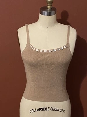 Camiseta sin mangas en tejido natural TULAROSA acanalada bordada con acento beige talla pequeña Foto 1 de 4