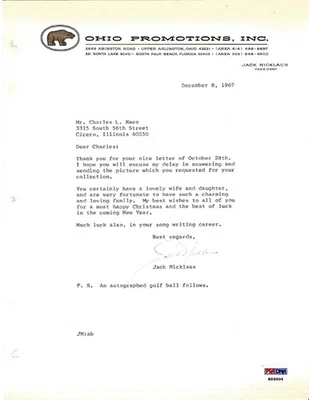 Jack Nicklaus Autographed Signed Letter 1967 Vintage Signature PSA/DNA #K05004 - Image 1 of 3