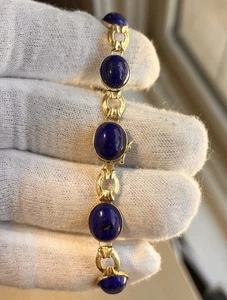 Vintage Estate 14K Yellow Gold Oval Blue Lapis Links Chain Bracelet 8 Inch - Picture 1 of 16