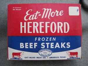 ¿De colección años 50-60? CAJA DE FILETES CONGELADOS HEREFORD COMAT-MORE MEAT CO. AMARILLO TEXAS - Imagen 1 de 9