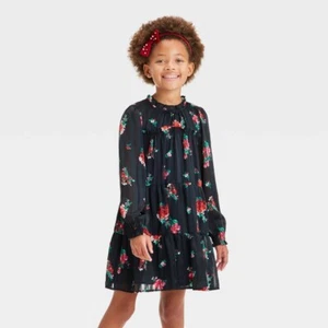 Girls' Long Sleeve 'Floral' Woven Dress - Cat & Jack™ Black M - Picture 1 of 1
