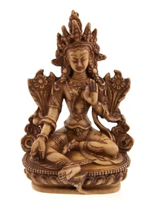 Statua Tibetana Di Tara Verde In Resina Beige Buddista 14.5 Cm 4924 - Picture 1 of 2