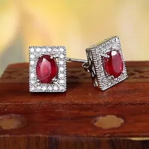 4Ct Oval Cut Simulated Red Ruby Halo Women Stud Earrings 14K White Gold Finish - Picture 1 of 3