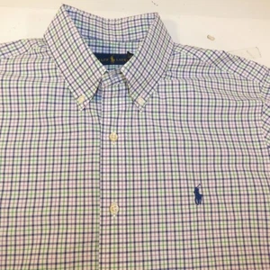 POLO RALPH LAUREN DESIGNER BUTTON FRONT SHORT SLEEVE SHIRT Sz L White Blue Green - Picture 1 of 3