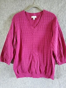 KIM ROGERS Sweater Women 2X Purple 3/4 Sleeve Crew Cable Knit 100% Cotton #684 - Picture 1 of 10