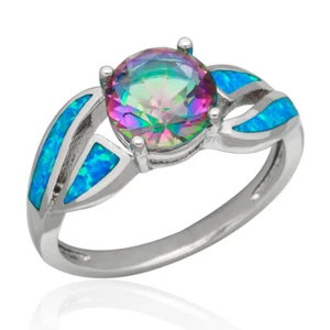 8mm Rainbow Mystic Topaz Blue Fire Opal Silver Jewelry Cocktail Ring Size 7 8 9 - Picture 1 of 24