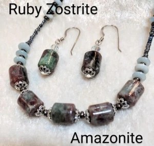 Necklace - Handmade - Ruby Zostrite, Amazonite,  Swarovski - inc. Earrings! - Picture 1 of 1