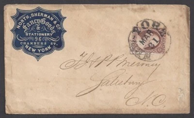 NEW YORK ~ NORTH, SHERMAN & Co., Fancy Goods ~Scott #11, EMBOSSED CAMEO AD COVER - Image 1 of 2