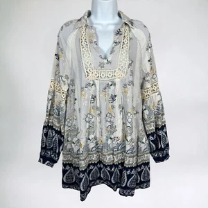 ENTRO Floral Crochet Trim Tunic Dress Size Small Floral Blue Long Sleeve Boho - Picture 1 of 15