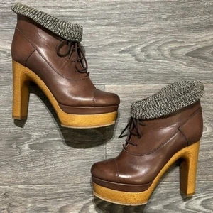 Chloé Brown Leather Platform Boots Size 36.5 / 6 Knit Sock Lace Designer Chloe - Picture 1 of 15